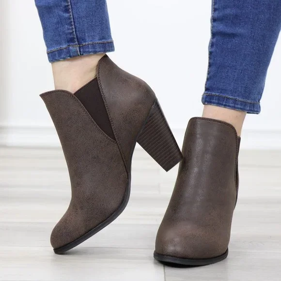 Chelsea Cone High Heel Ankle Boots Brown Synthetic Leather Pointed Toe - Picture 12 of 14